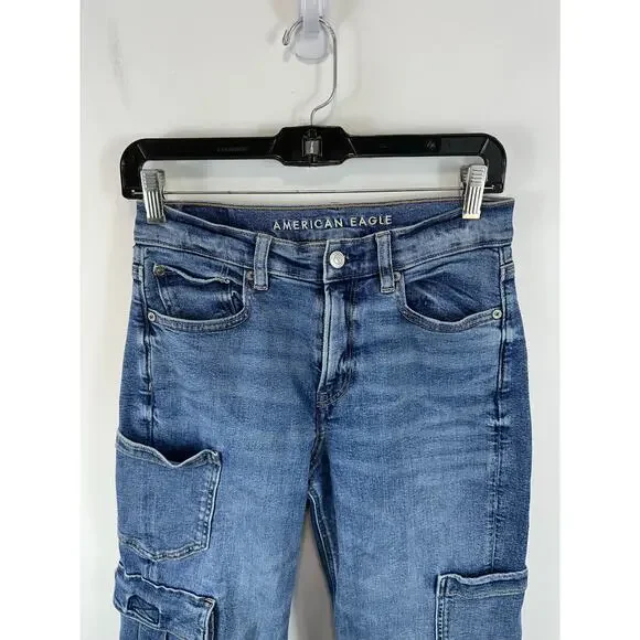 American Eagle Super Baggy High Rise Cargo Skater Jeans Size 2 Y2K Streetwear - Picture 9 of 15